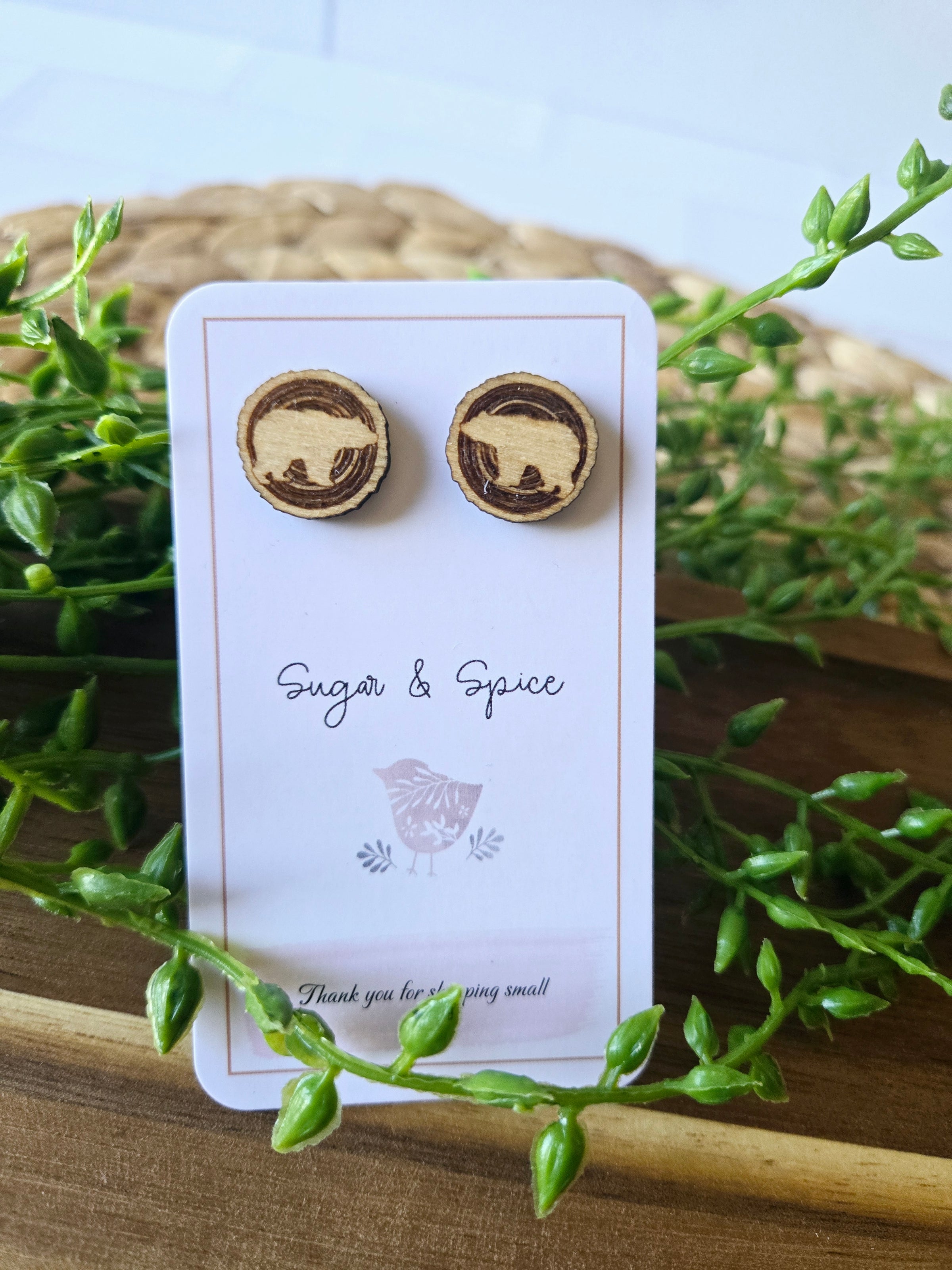 Rustic Bear Wood Stud Earrings