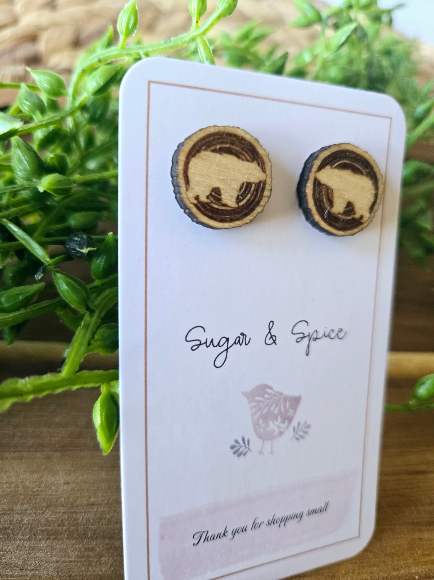 Rustic Bear Wood Stud Earrings