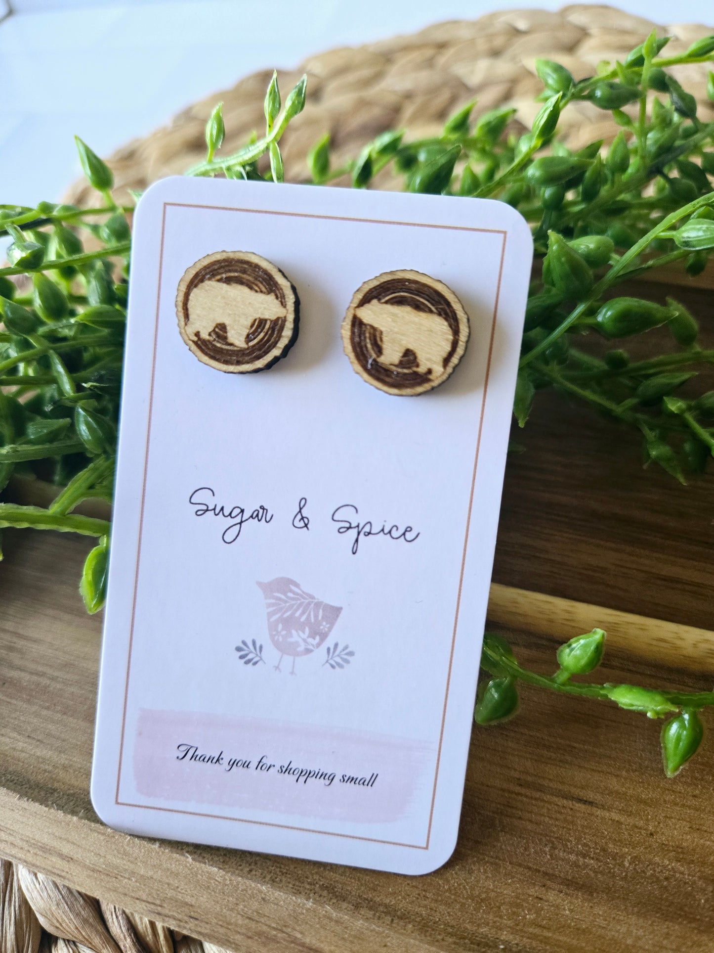 Rustic Bear Wood Stud Earrings