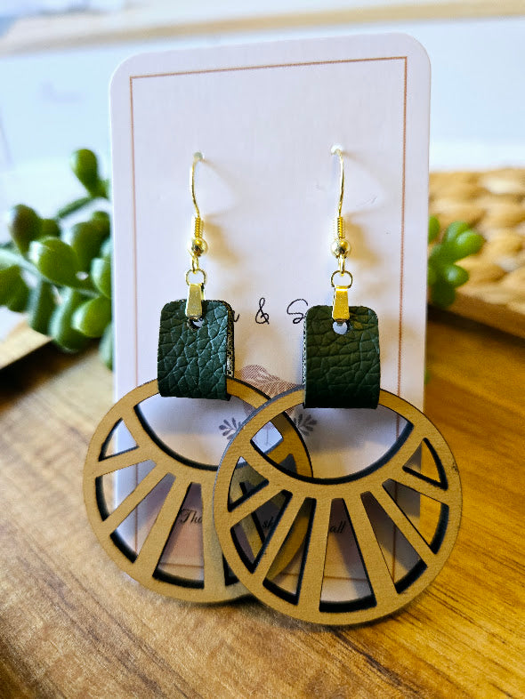 Abstract Boho Green Faux Leather Earrings