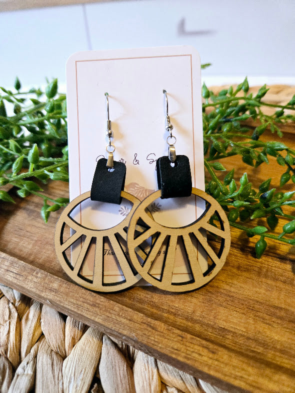 Abstract Boho Black Faux Leather Earrings