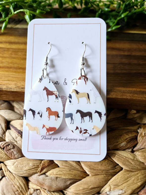 horse earrings, teardrop, handmade, custom, drop earrings, for her, farm earrings, cute earrings, affordable, 