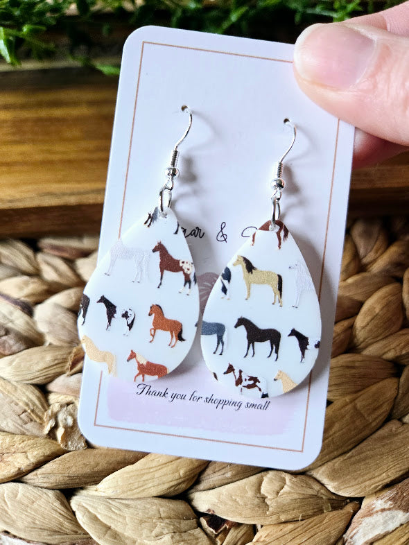 Horse Lover Teardrop White Acrylic Earrings