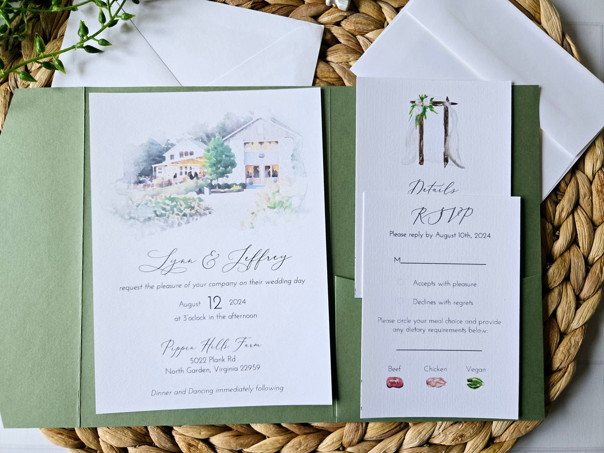 Watercolor Venue Wedding Invitation Suite