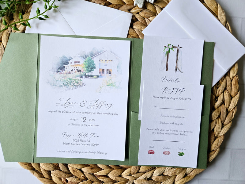 Watercolor Venue Wedding Invitation Suite