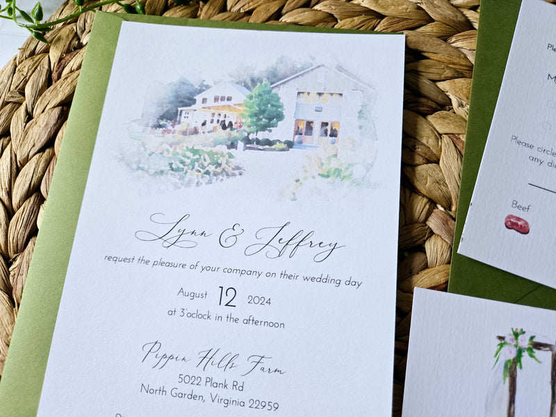 Watercolor Venue Wedding Invitation Suite