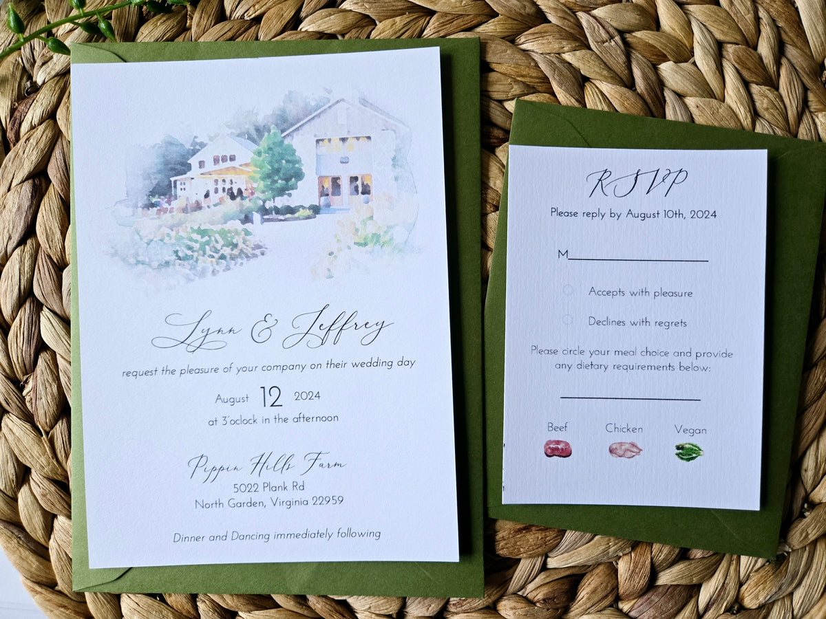 Watercolor Venue Wedding Invitation Suite