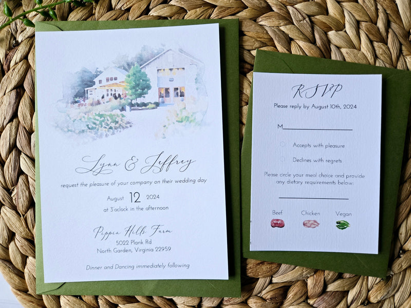 Watercolor Venue Wedding Invitation Suite