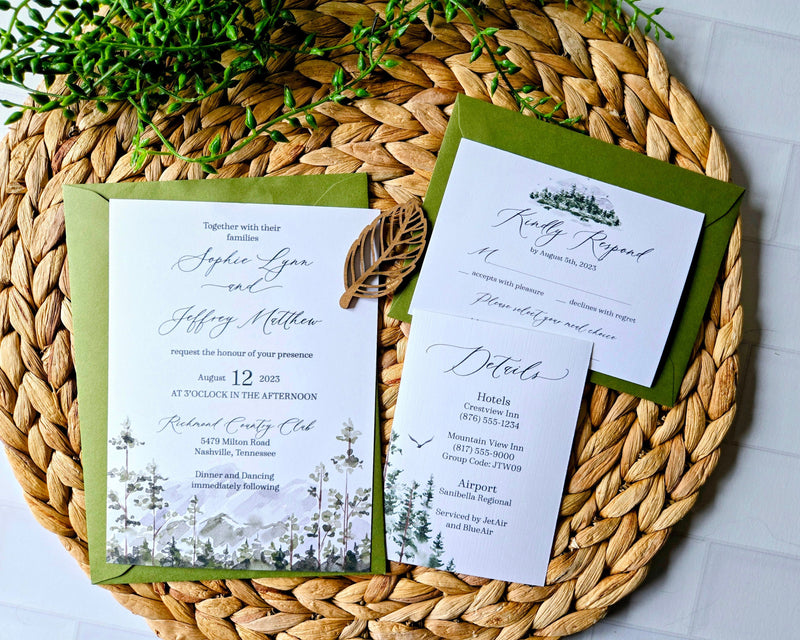 Watercolor Woodland Mountain Wedding Invitation