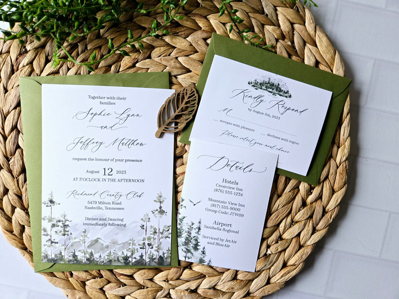 Watercolor Woodland Mountain Wedding Invitation