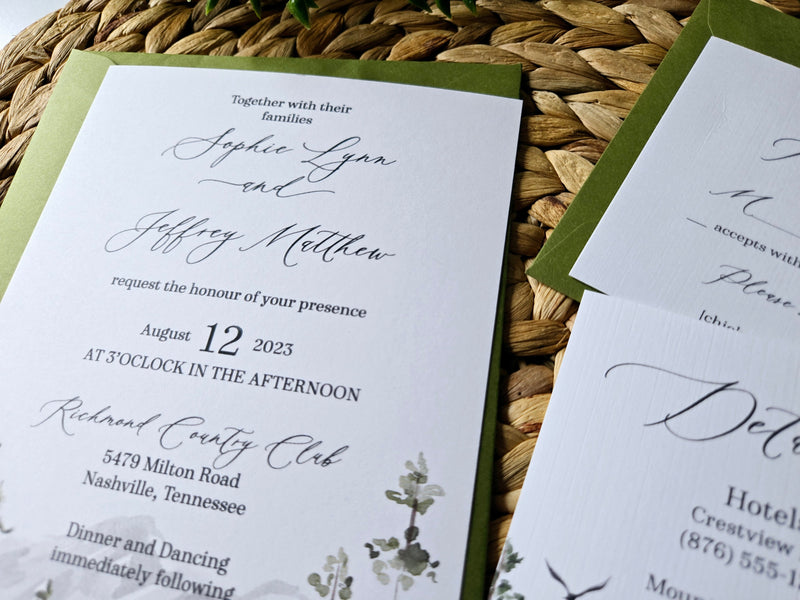 Watercolor Woodland Mountain Wedding Invitation