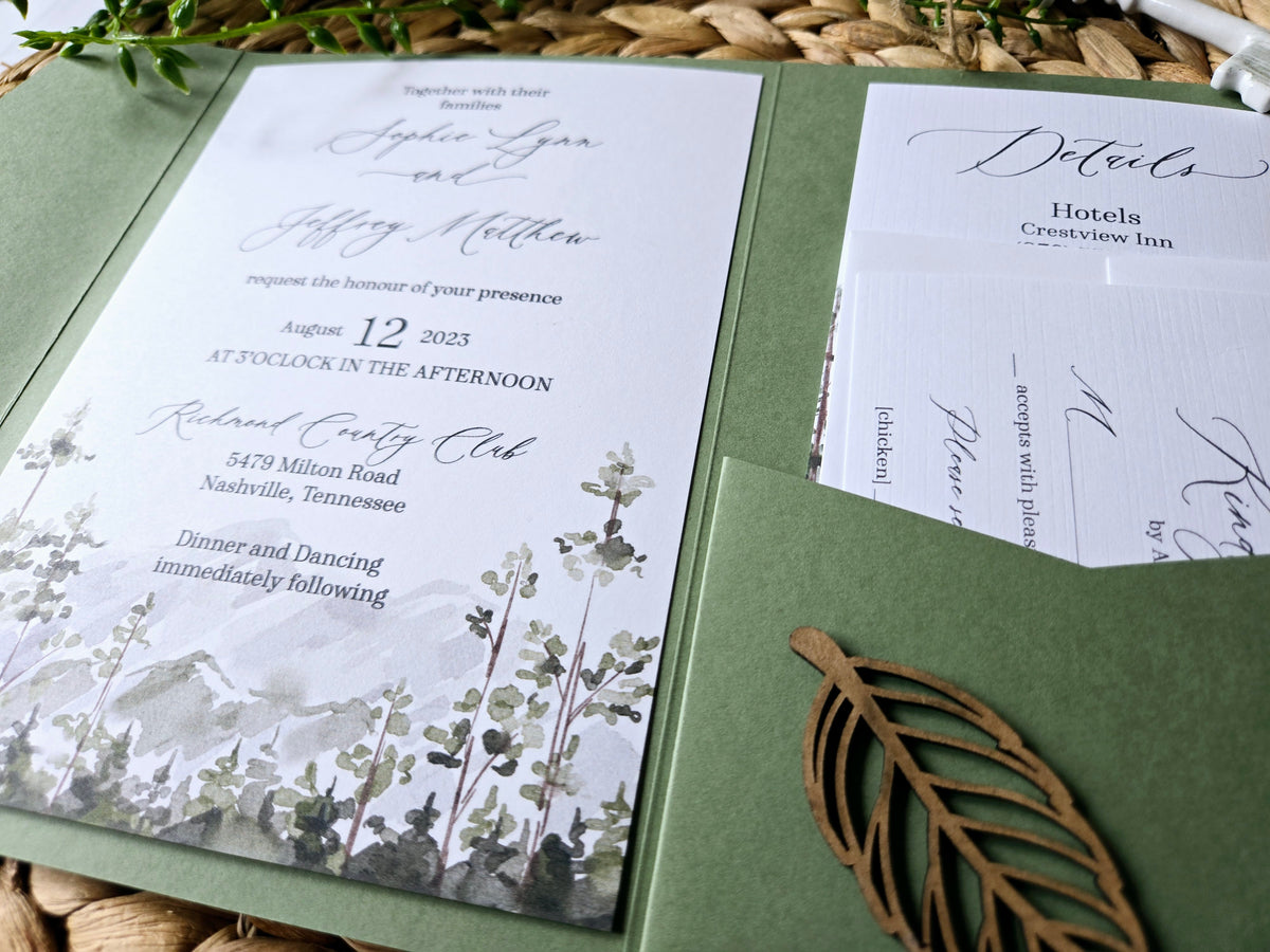 Watercolor Woodland Mountain Wedding Invitation