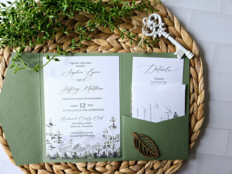 Watercolor Woodland Mountain Wedding Invitation