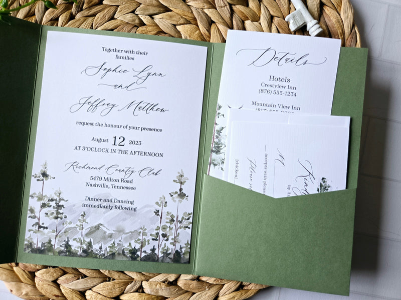 Watercolor Woodland Mountain Wedding Invitation