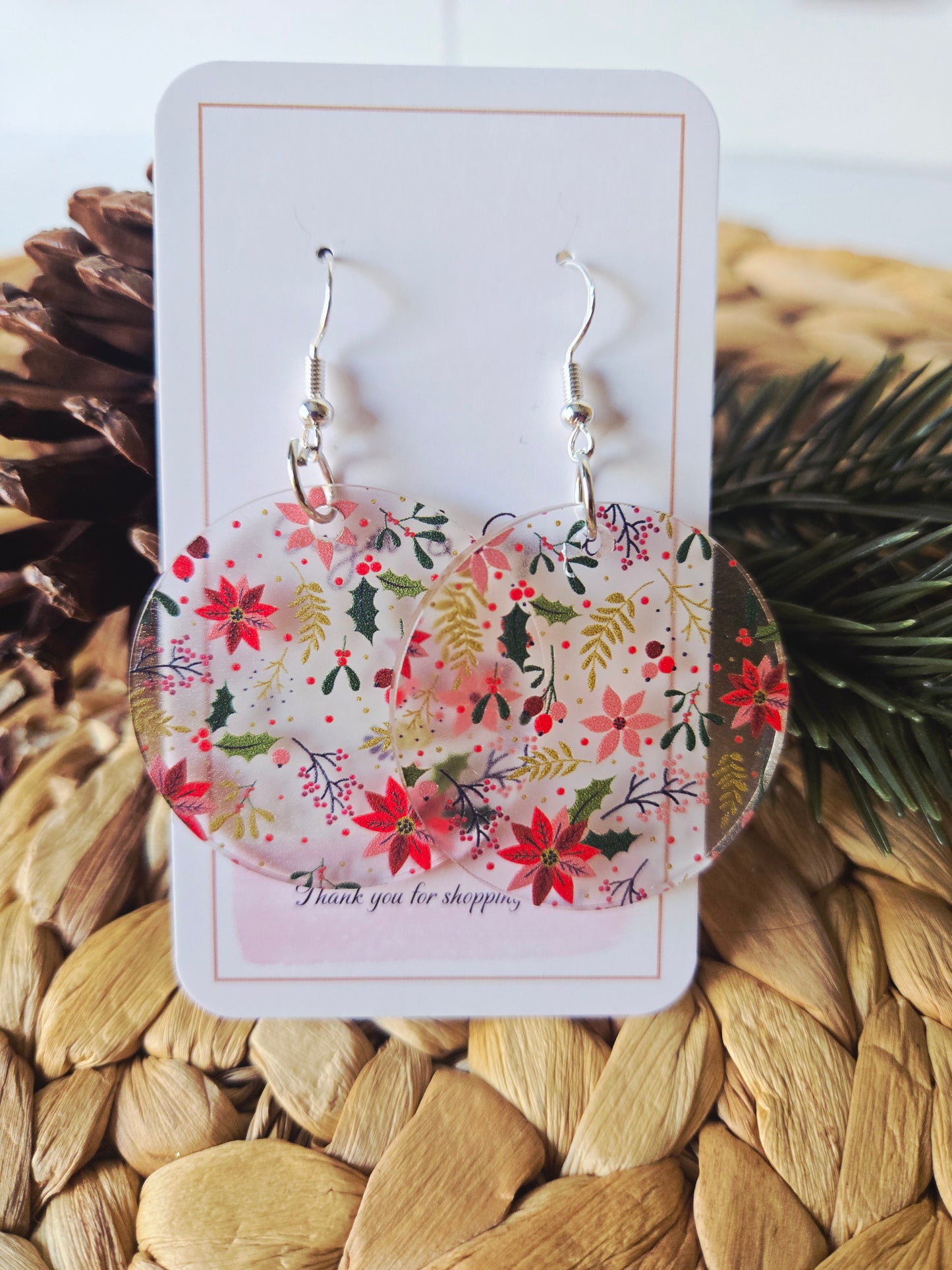 Frosted Poinsettia Christmas Dangle Earrings