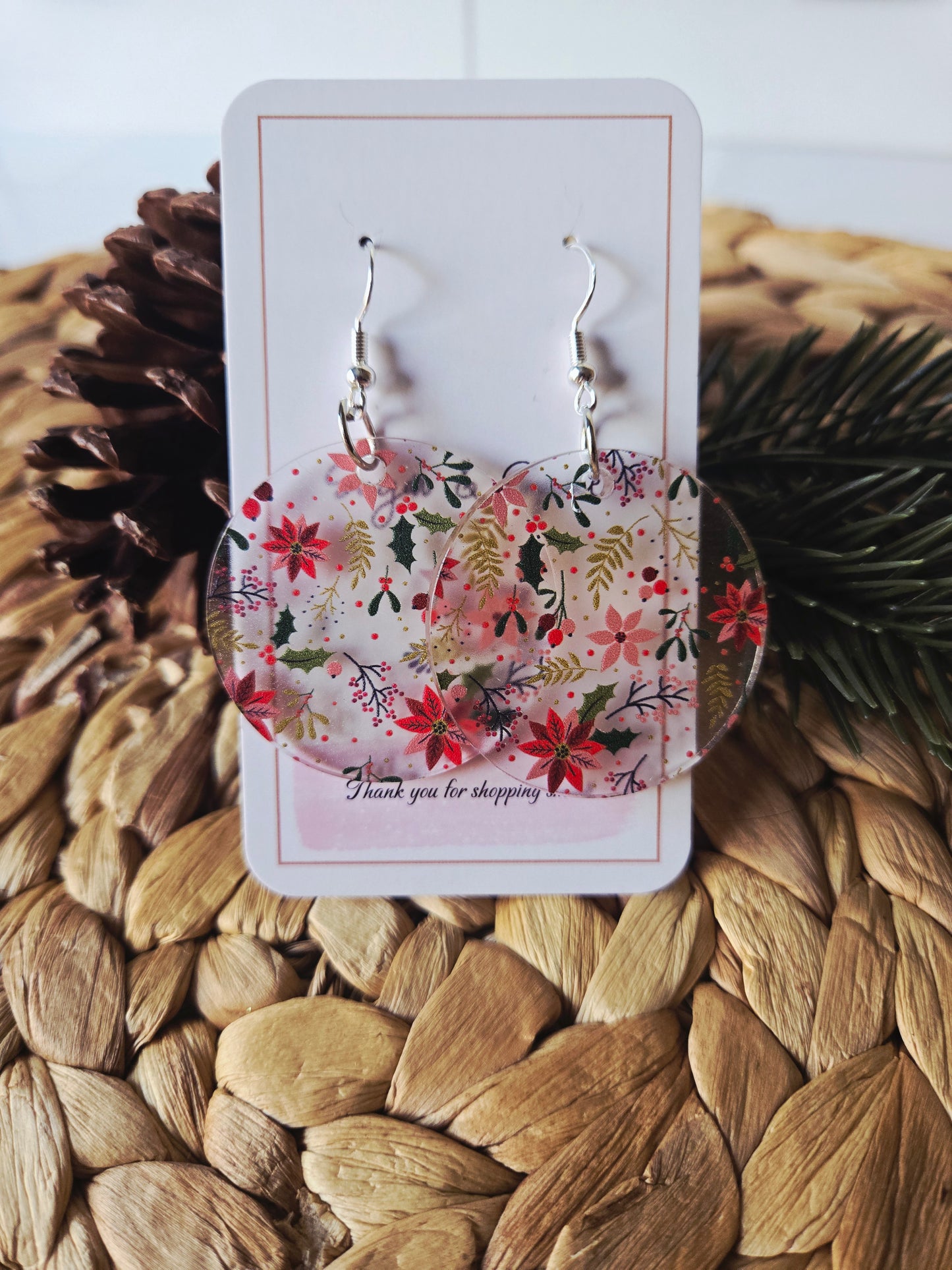 Frosted Poinsettia Christmas Dangle Earrings