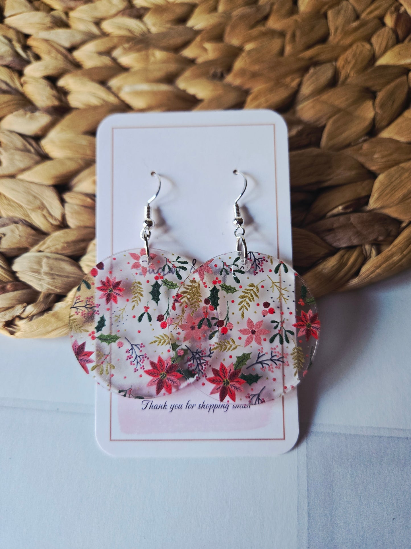 Frosted Poinsettia Christmas Dangle Earrings