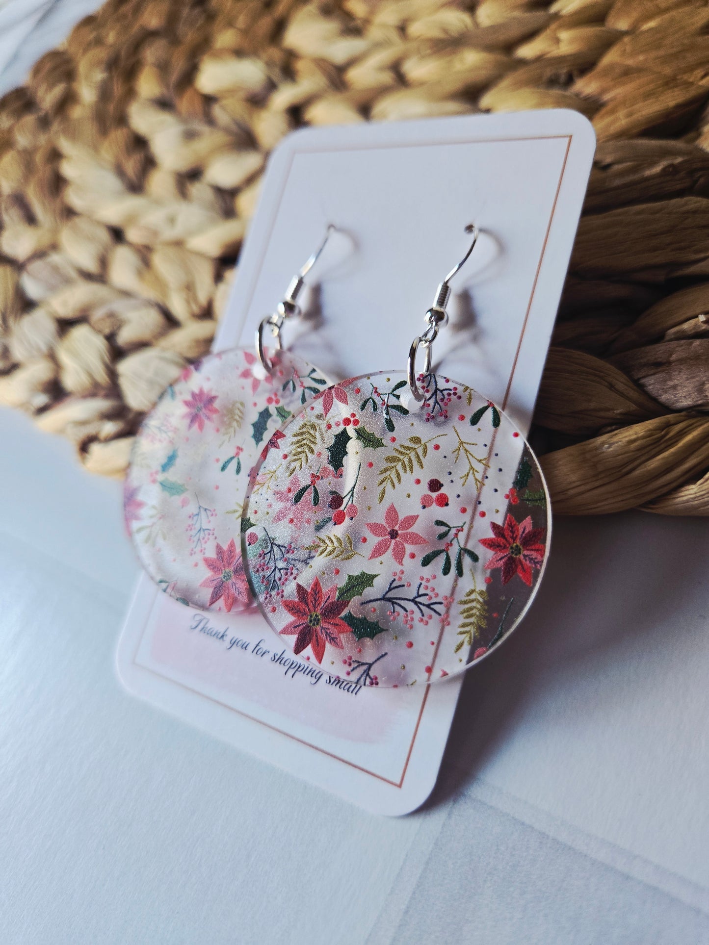 Frosted Poinsettia Christmas Dangle Earrings
