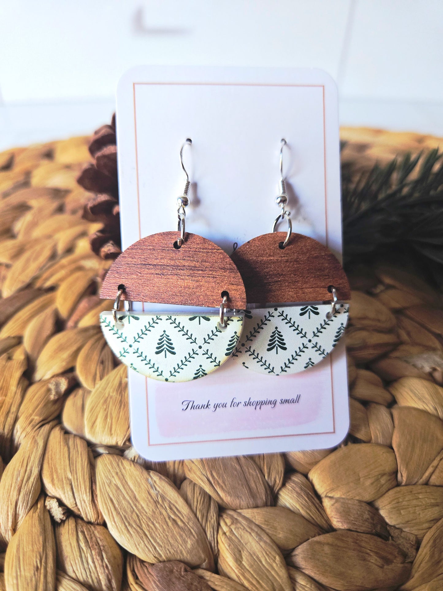 Winter Pine and Wood Christmas Rustic Earrings
