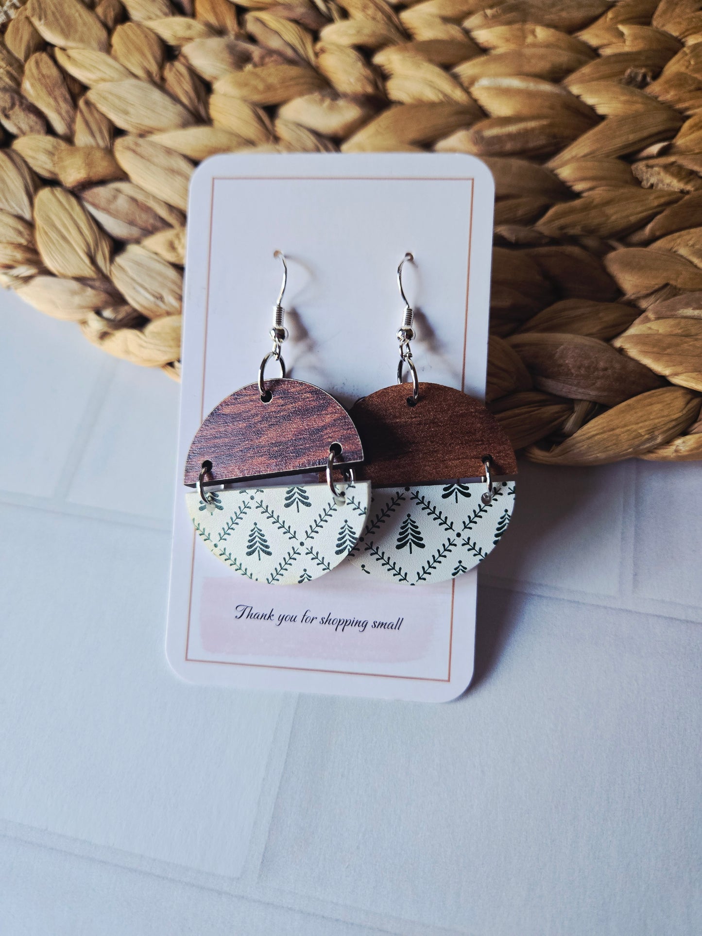 Winter Pine and Wood Christmas Rustic Earrings