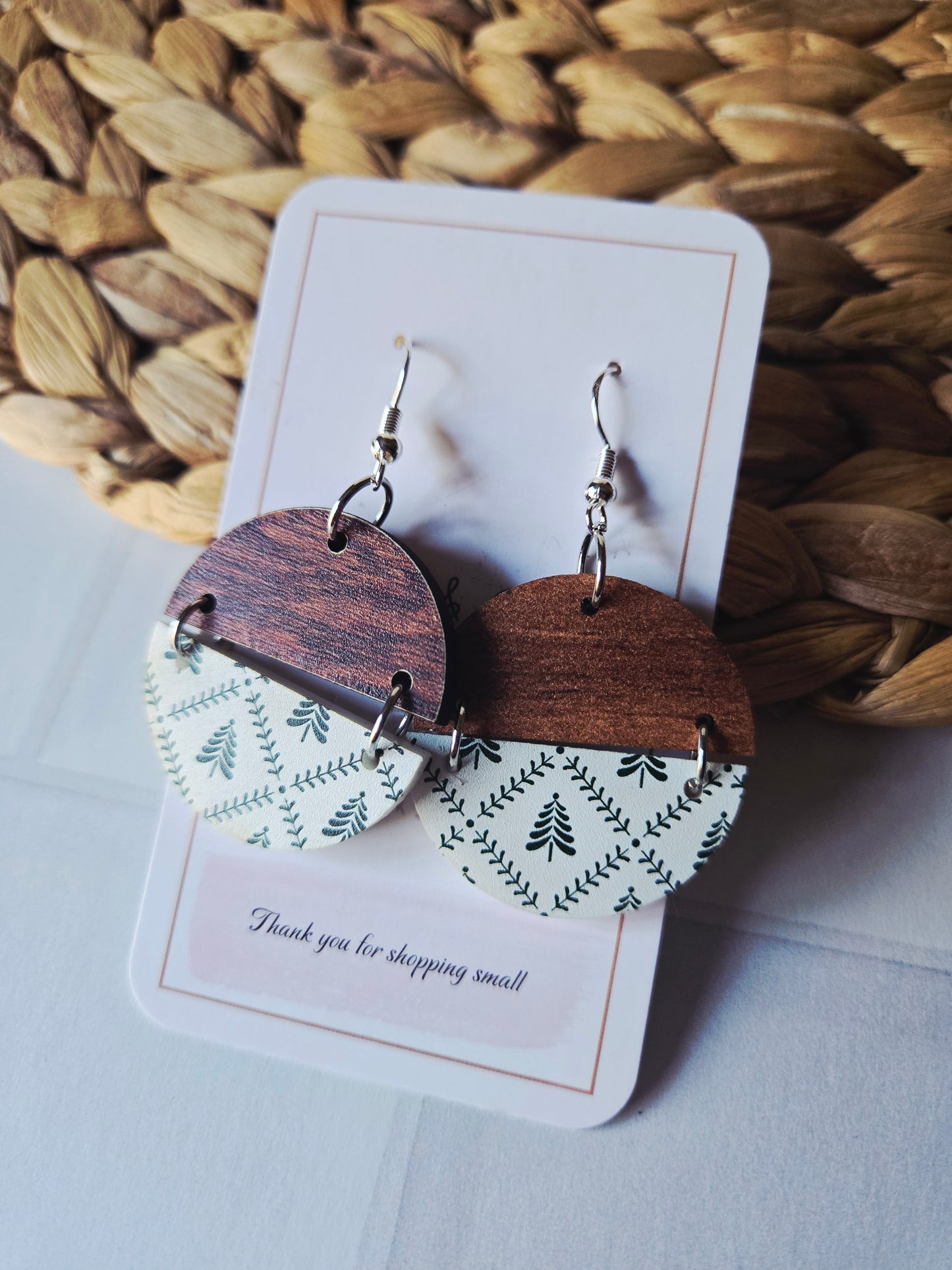 Winter Pine and Wood Christmas Rustic Earrings