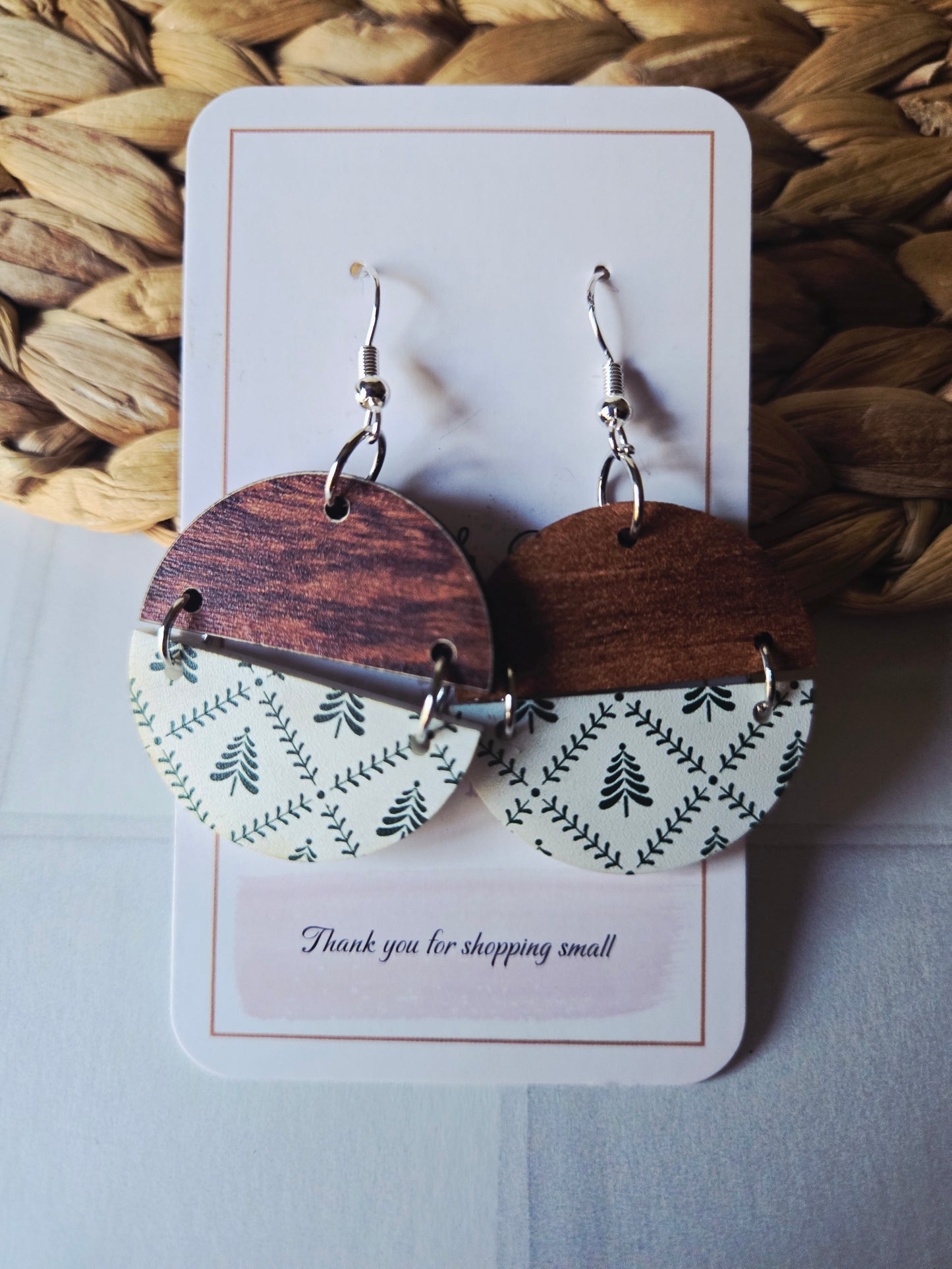 Winter Pine and Wood Christmas Rustic Earrings