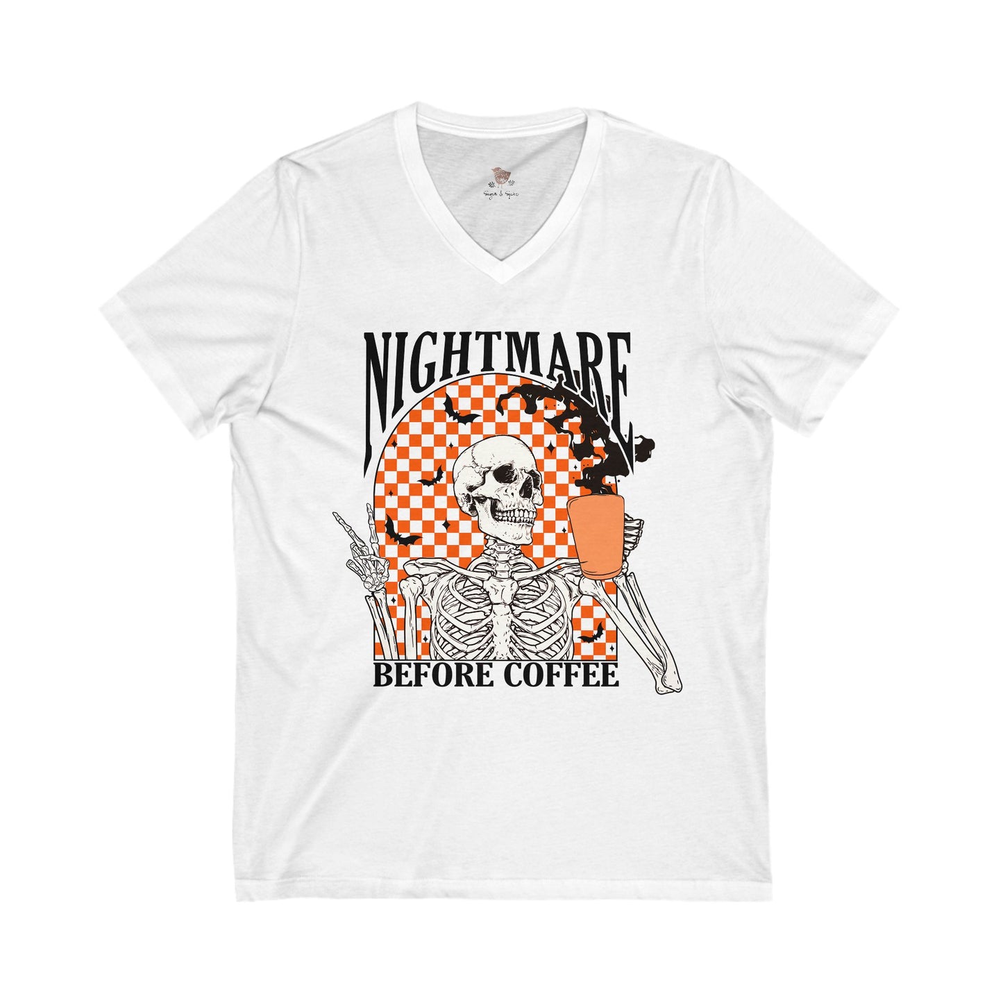 Nightmare Before Coffee Skeleton V-Neck Tee, Unisex Halloween Shirt, Gift for Coffee Lovers, Spooky Fashion