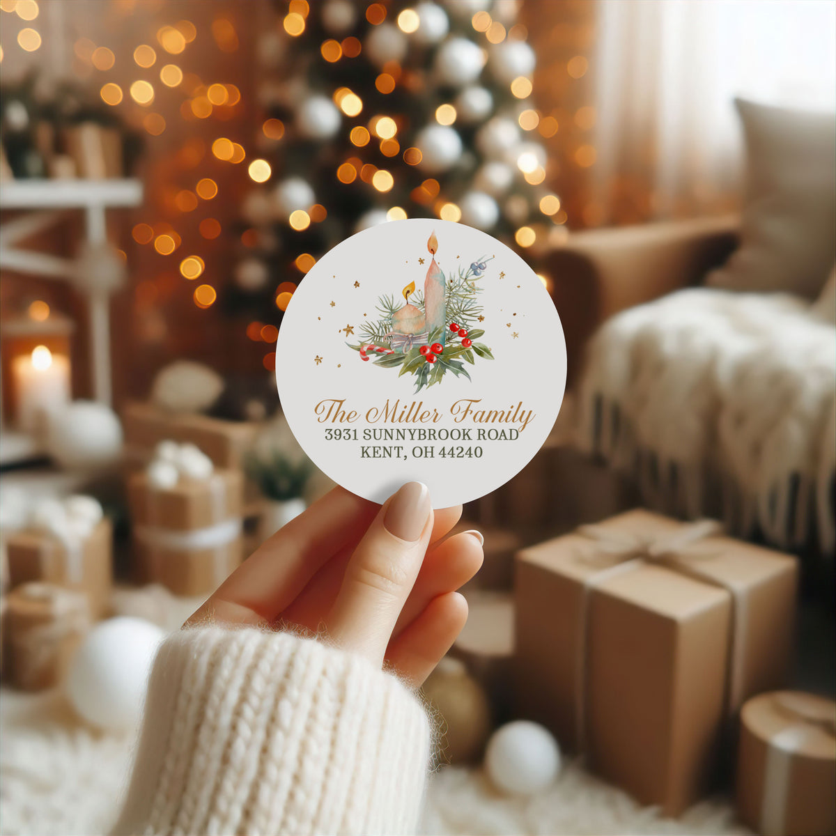 Candle and Greenery Christmas Tree Return Address Sticker