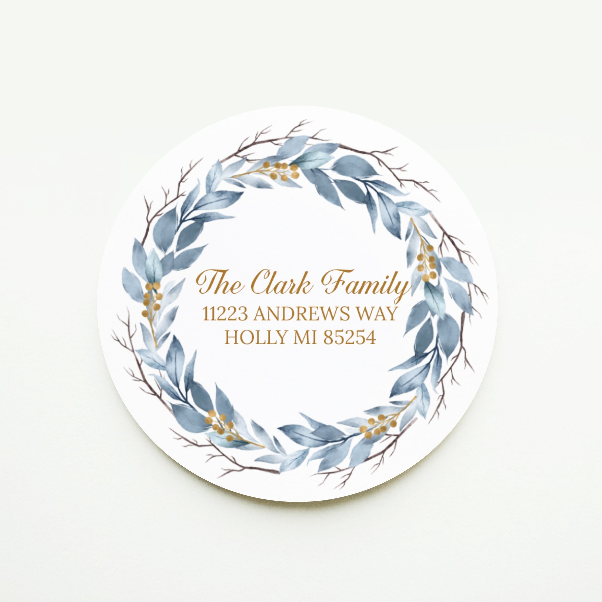 Blue and Gold Wreath Holiday Return Address Sticker or Label