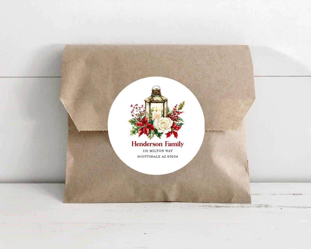 Red Poinsettia Lantern Christmas Return Address Sticker