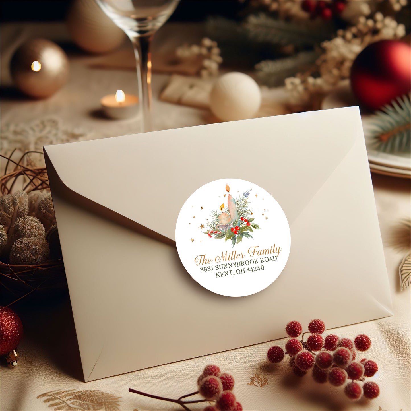 Candle and Greenery Christmas Tree Return Address Sticker