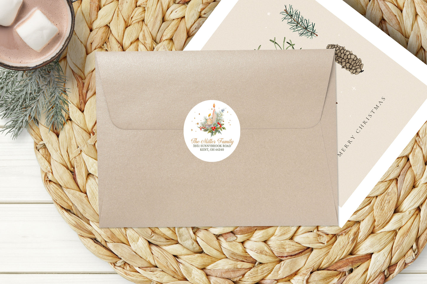 Candle and Greenery Christmas Tree Return Address Sticker