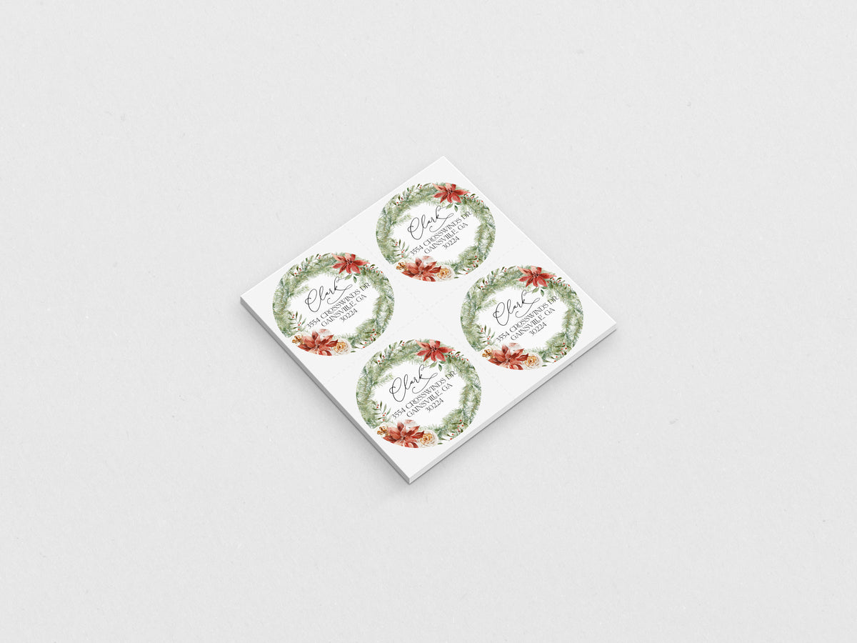 Red Poinsettia Wreath Christmas Return Address Sticker or Label