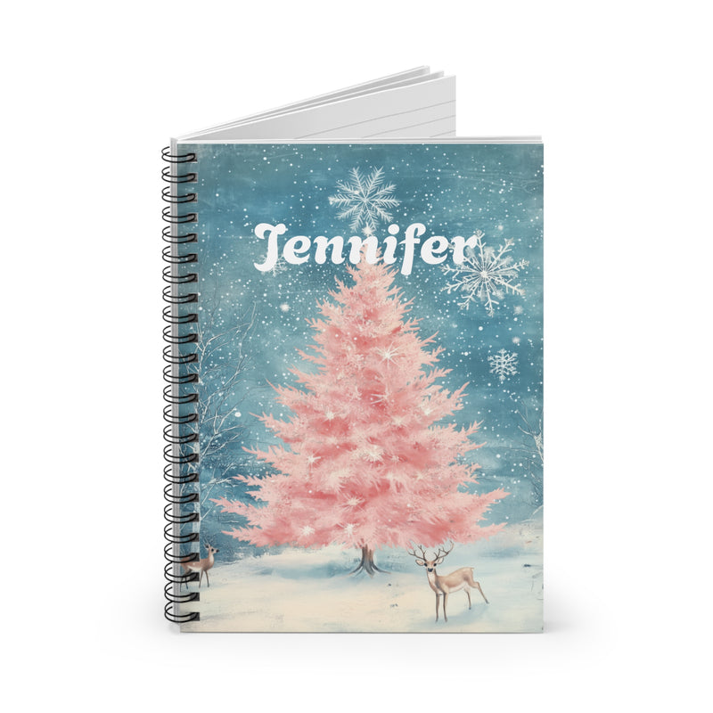 Pink Christmas Tree and Falling Snow Personalized Notebook