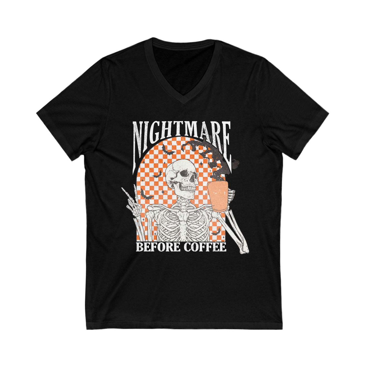 Nightmare Before Coffee Skeleton V-Neck Tee, Unisex Halloween Shirt, Gift for Coffee Lovers, Spooky Fashion