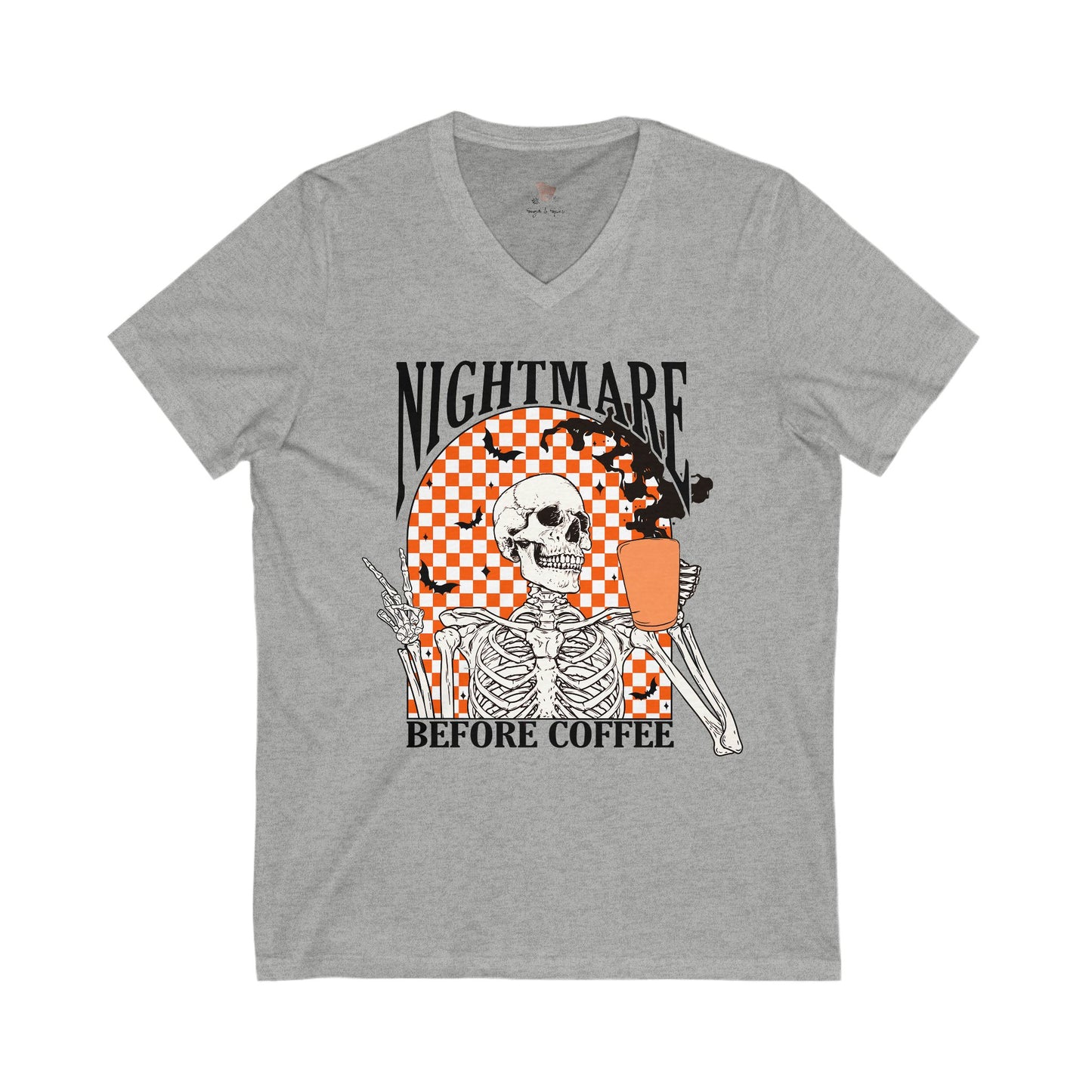 Nightmare Before Coffee Skeleton V-Neck Tee, Unisex Halloween Shirt, Gift for Coffee Lovers, Spooky Fashion