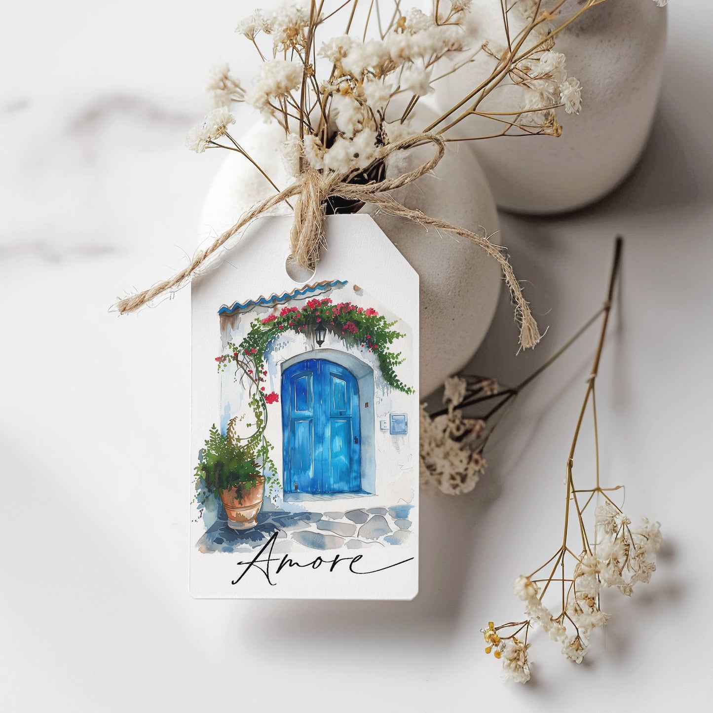 Mediterranean Watercolor Blue Door Gift Tag