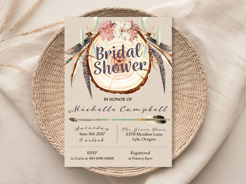 Rustic Boho Wood slice Bridal Shower Invitation