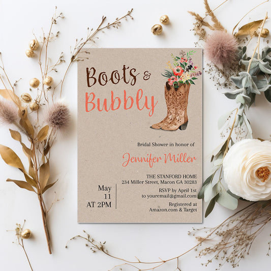Boots and Bubbly Cowgirl Bridal Shower Invitation