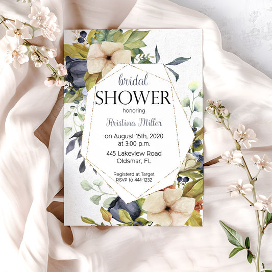Botanical Blue Floral Bridal Shower Invitation