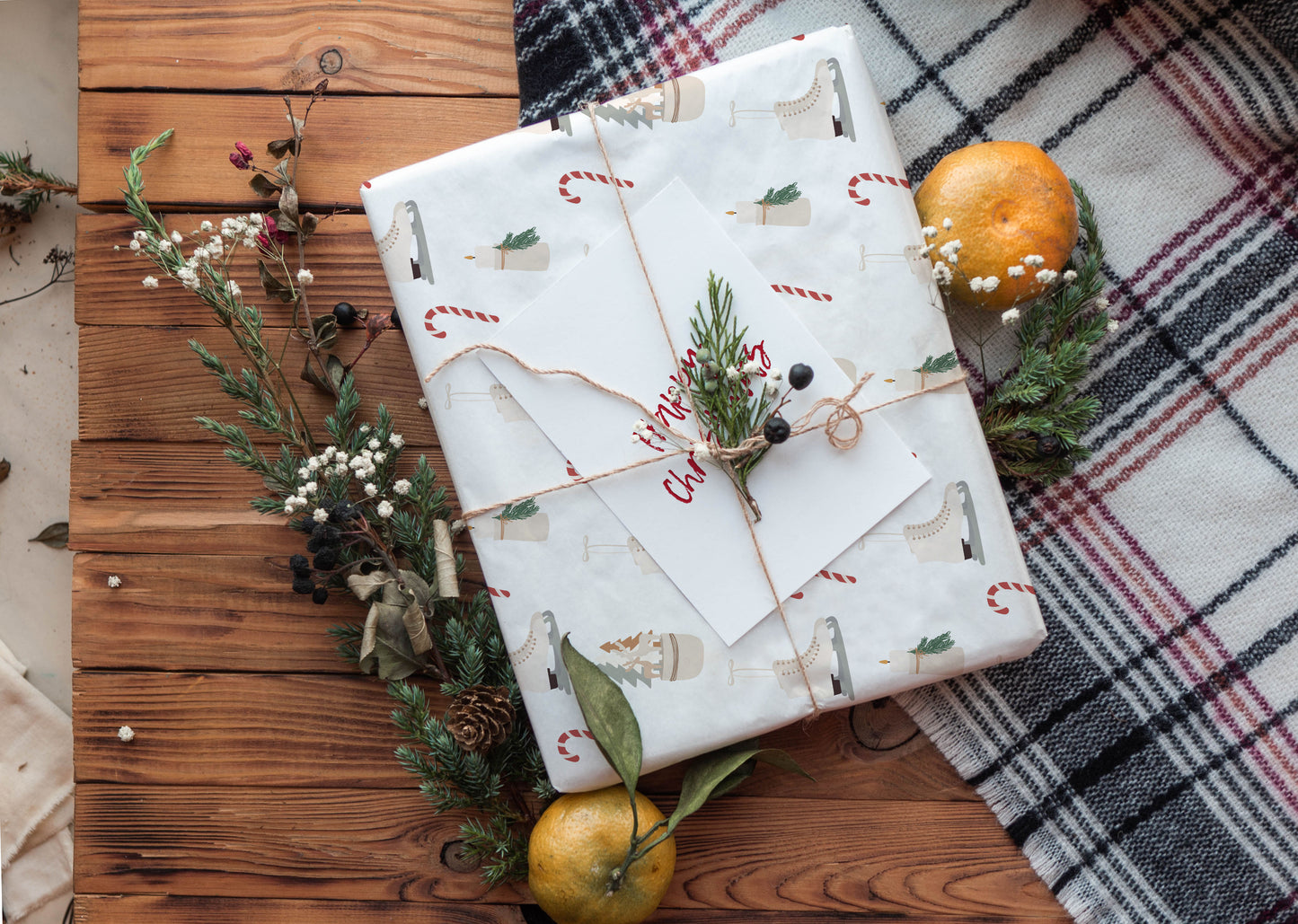 Christmas Wrapping Paper Candy Canes and Ice Skates, Holiday Gift Wrap, Birthday, Thick Gift Wrap,