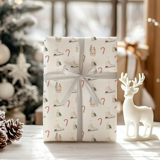 Christmas Wrapping Paper Candy Canes and Ice Skates, Holiday Gift Wrap, Birthday, Thick Gift Wrap,