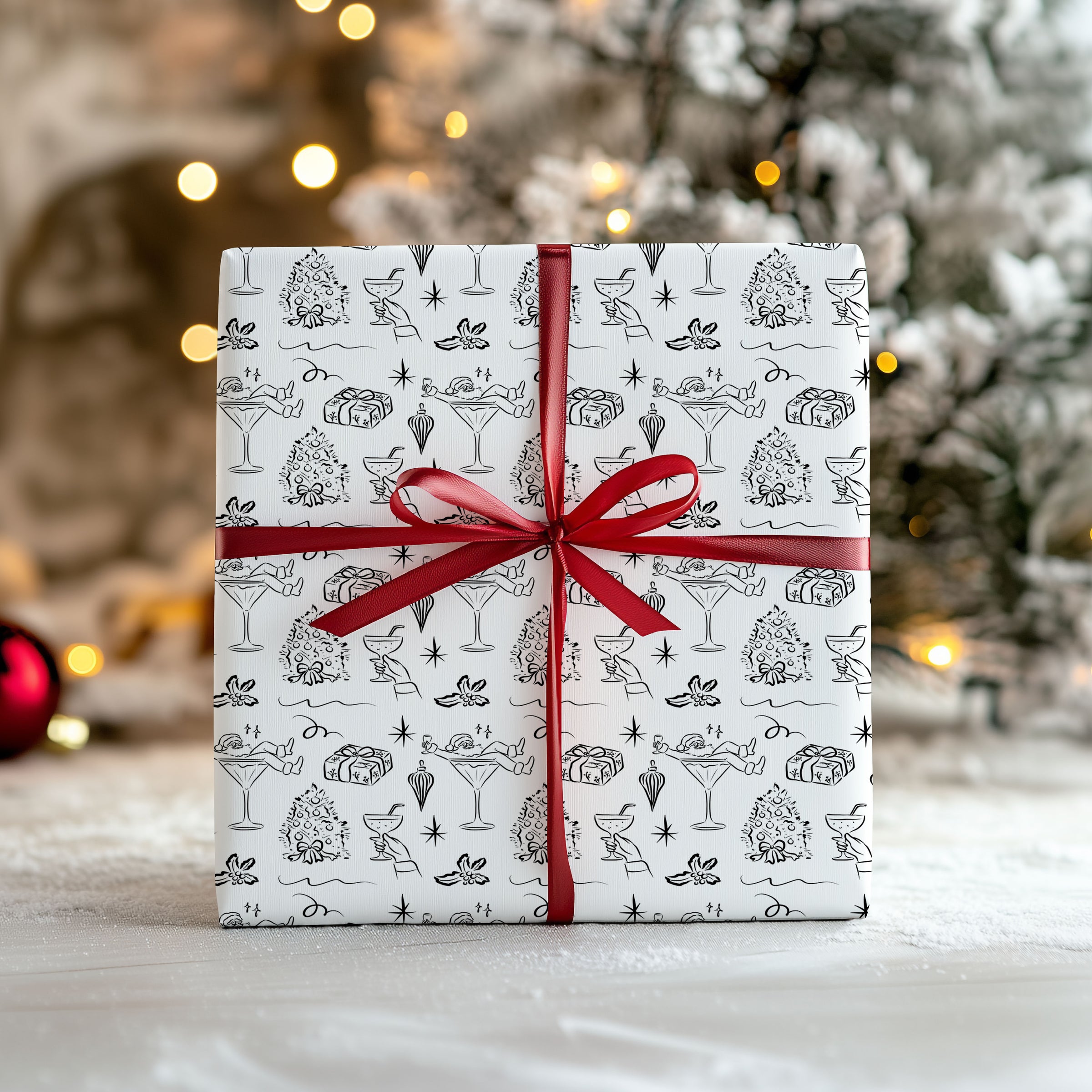 Christmas Cocktails with Santa Fun Doodles Wrapping Paper