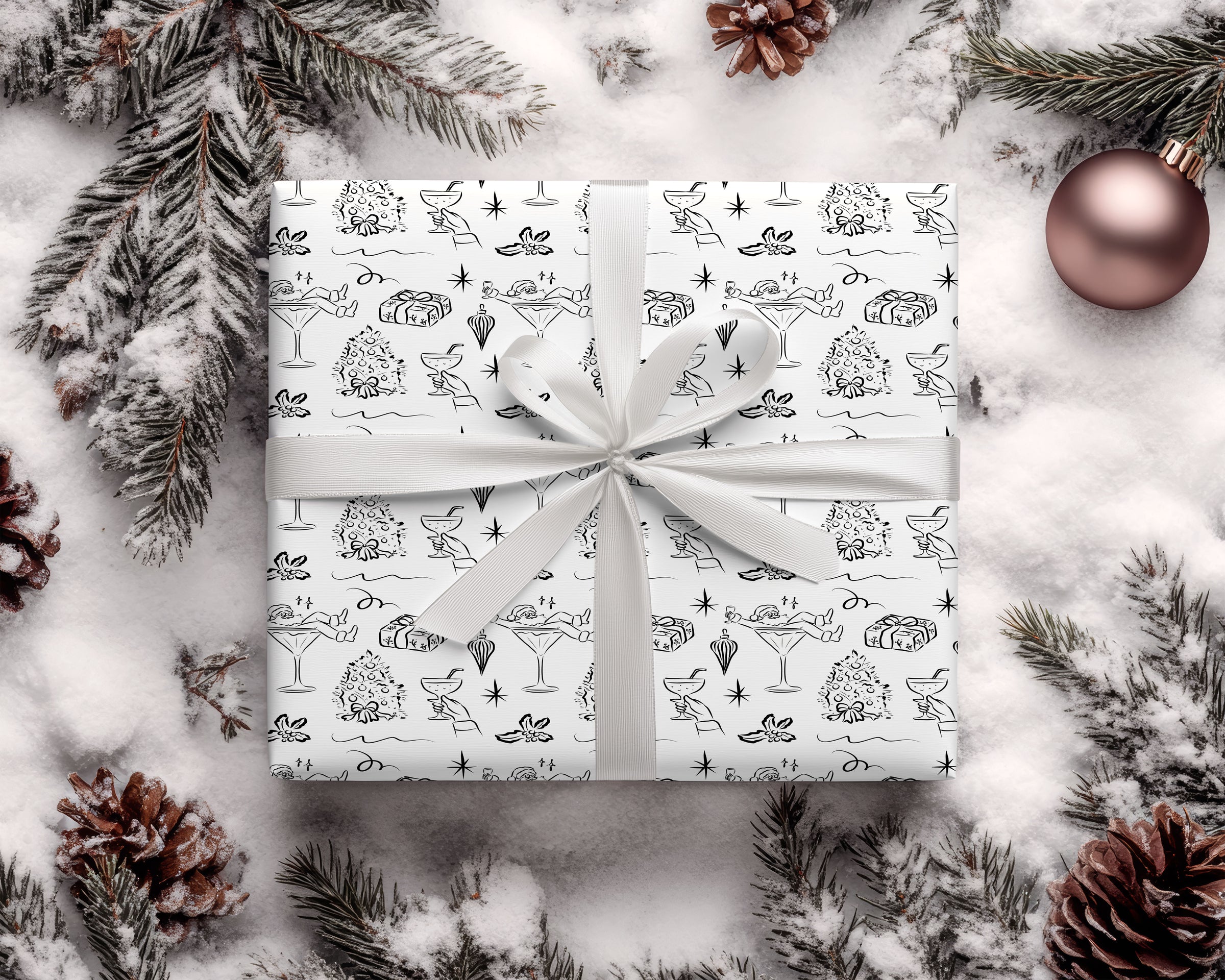 Christmas Cocktails with Santa Fun Doodles Wrapping Paper