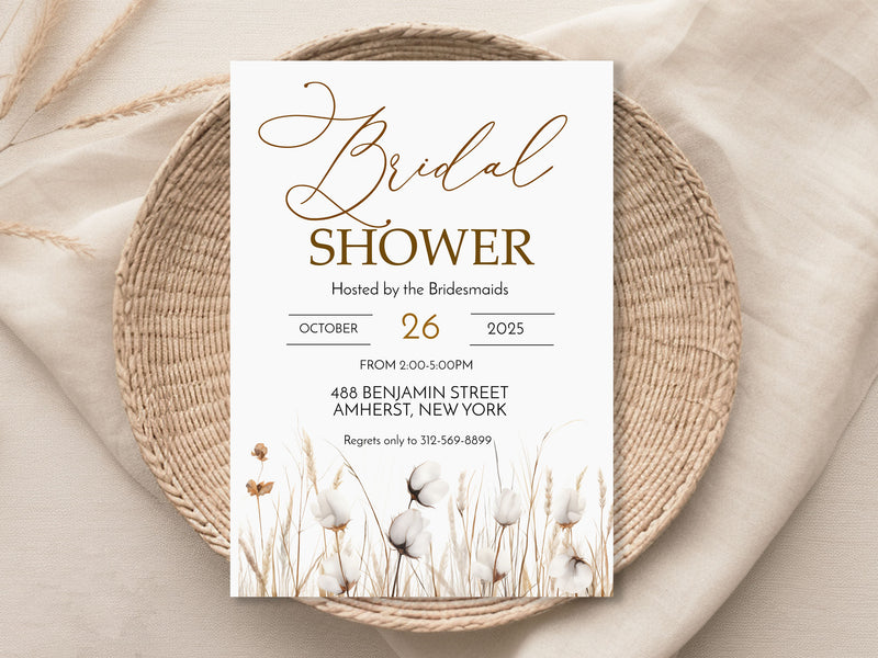 Cotton Watercolor Boho Bridal Shower Invitation