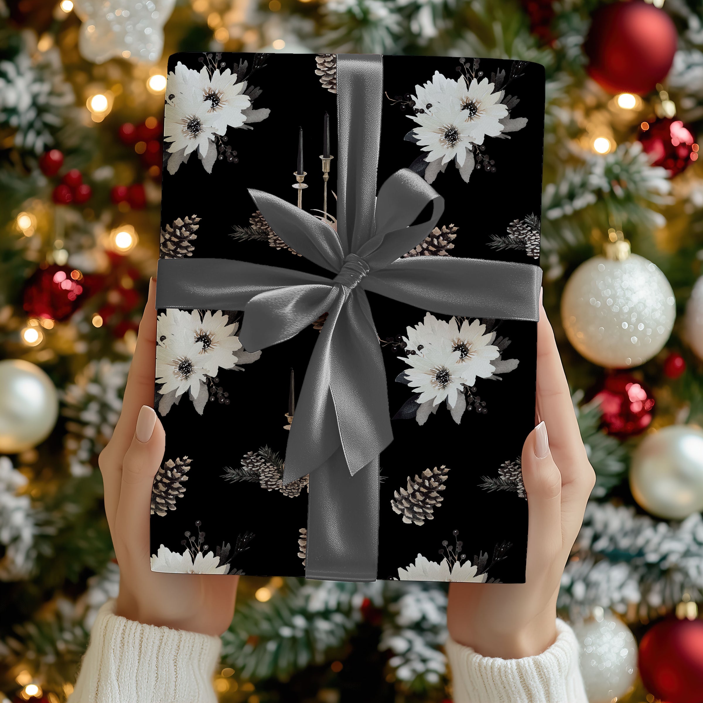 Elegant Black Floral Wrapping Paper Roll