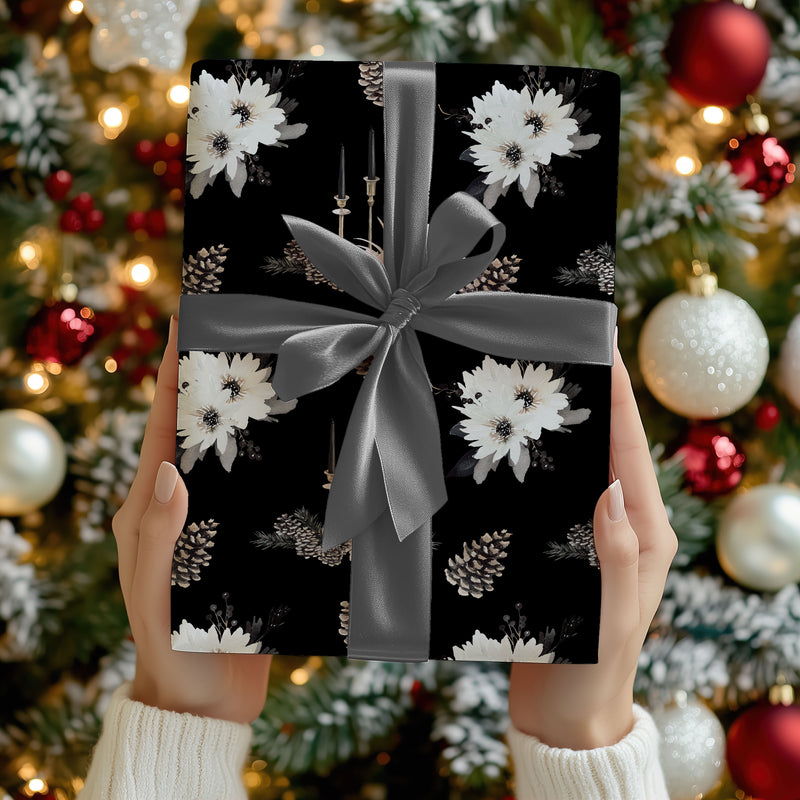 Elegant Black Floral Wrapping Paper Roll