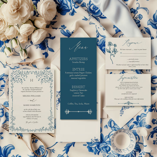 Elegant Blue Greenery Leaf Wedding Invitation Suite