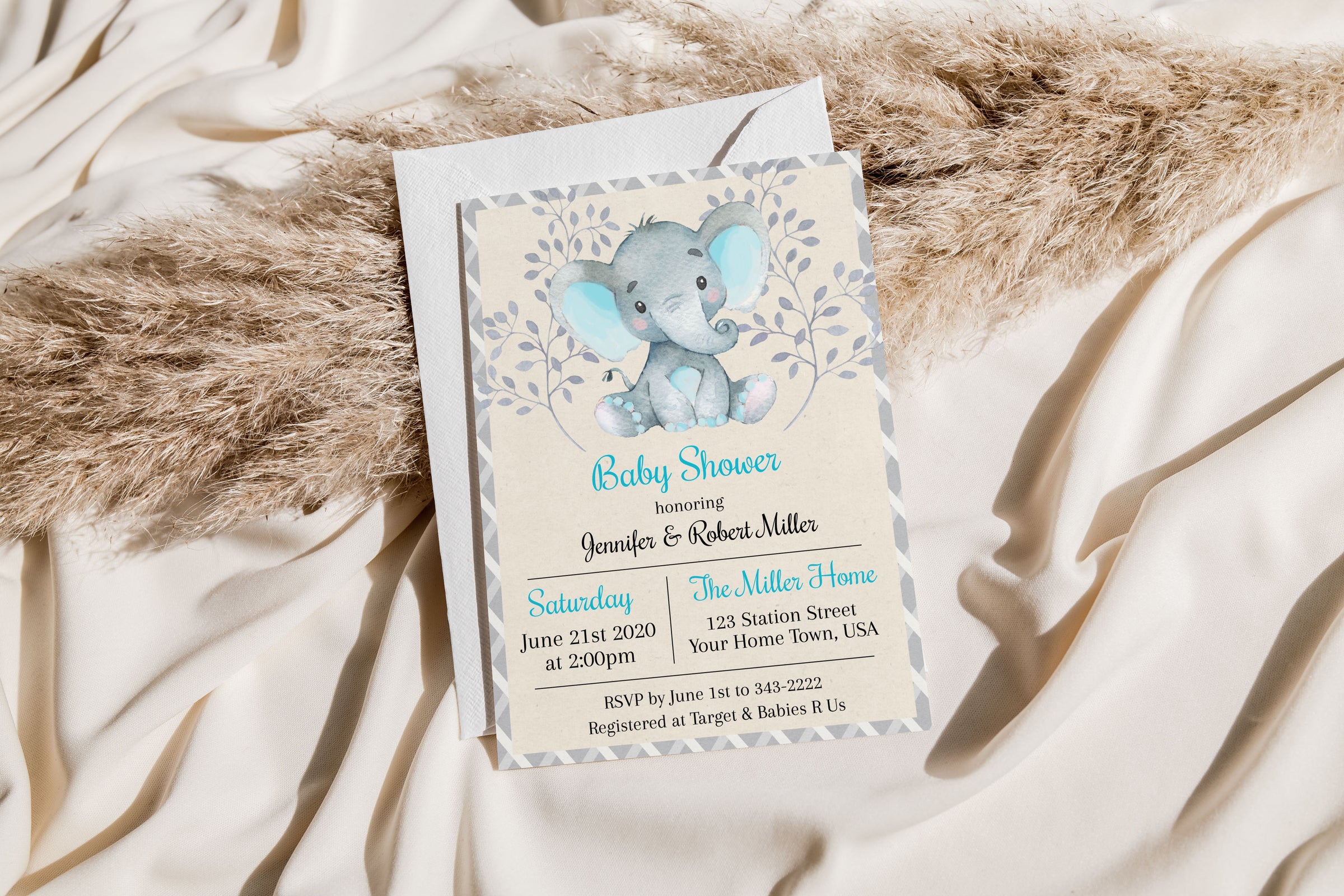 Blue Elephant Baby Shower Invitation