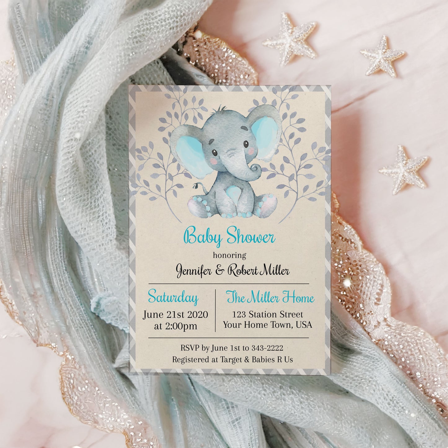 Blue Elephant Baby Shower Invitation